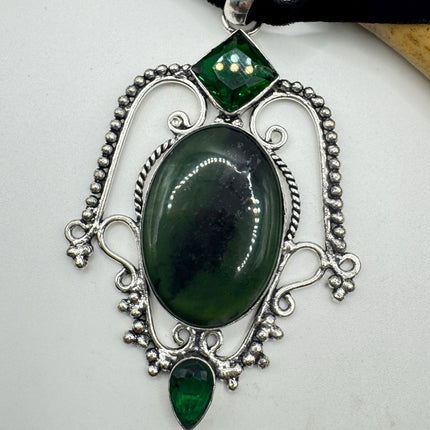 Vintage Green Bloodstone Choker Necklace - Bronze and Silver Finish Black Velvet Ribbon Design