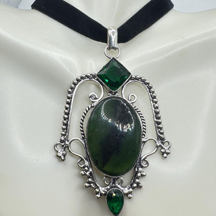 Vintage Green Bloodstone Choker Necklace - Bronze and Silver Finish Black Velvet Ribbon Design