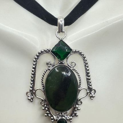 Vintage Green Bloodstone Choker Necklace - Bronze and Silver Finish Black Velvet Ribbon Design