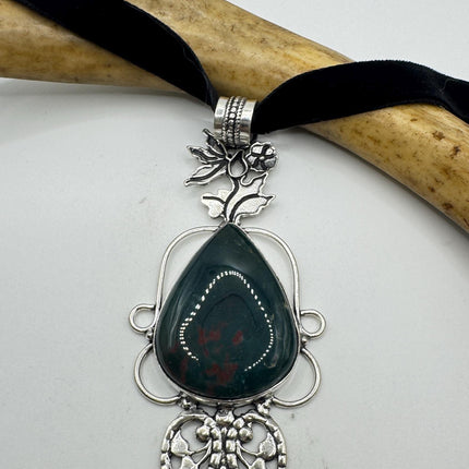 Vintage Green Bloodstone Choker Necklace - Bronze and Silver Finish Black Velvet Ribbon Design
