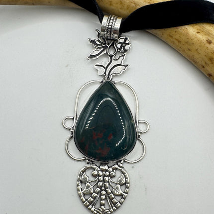 Vintage Green Bloodstone Choker Necklace - Bronze and Silver Finish Black Velvet Ribbon Design