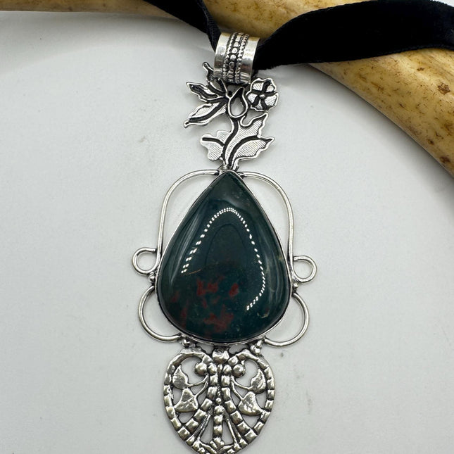 Vintage Green Bloodstone Choker Necklace - Bronze and Silver Finish Black Velvet Ribbon Design