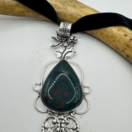 Vintage Green Bloodstone Choker Necklace - Bronze and Silver Finish Black Velvet Ribbon Design