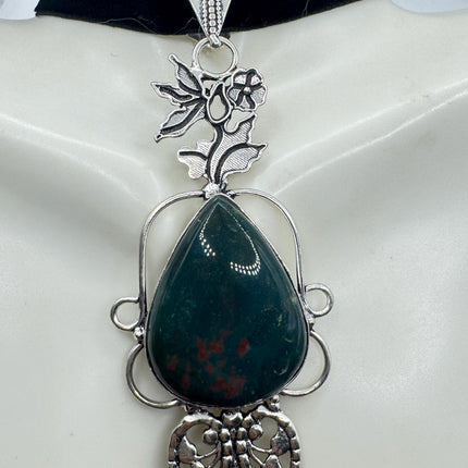Vintage Green Bloodstone Choker Necklace - Bronze and Silver Finish Black Velvet Ribbon Design