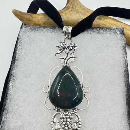Vintage Green Bloodstone Choker Necklace - Bronze and Silver Finish Black Velvet Ribbon Design