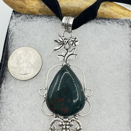 Vintage Green Bloodstone Choker Necklace - Bronze and Silver Finish Black Velvet Ribbon Design