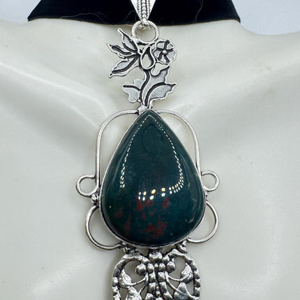 Vintage Green Bloodstone Choker Necklace - Bronze and Silver Finish Black Velvet Ribbon Design