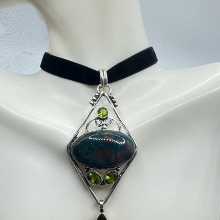 Vintage Green Bloodstone Choker Necklace - Bronze and Silver Finish Black Velvet Ribbon Design