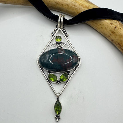 Vintage Green Bloodstone Choker Necklace - Bronze and Silver Finish Black Velvet Ribbon Design