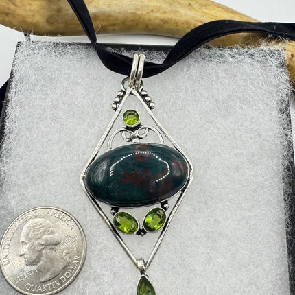 Vintage Green Bloodstone Choker Necklace - Bronze and Silver Finish Black Velvet Ribbon Design