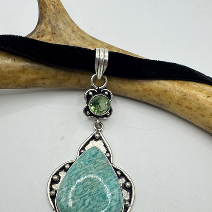 Vintage Silver Gemstone Pendant | Green Amazonite Silver Bronze Black Velvet Choker Necklace