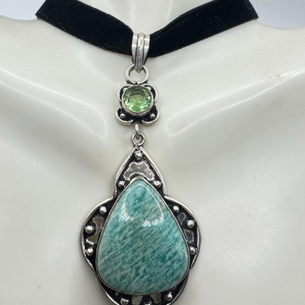 Vintage Silver Gemstone Pendant | Green Amazonite Silver Bronze Black Velvet Choker Necklace