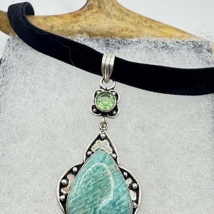 Vintage Silver Gemstone Pendant | Green Amazonite Silver Bronze Black Velvet Choker Necklace