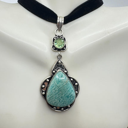 Vintage Silver Gemstone Pendant | Green Amazonite Silver Bronze Black Velvet Choker Necklace