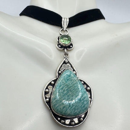 Vintage Silver Gemstone Pendant | Green Amazonite Silver Bronze Black Velvet Choker Necklace