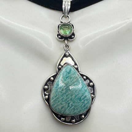 Vintage Silver Gemstone Pendant | Green Amazonite Silver Bronze Black Velvet Choker Necklace