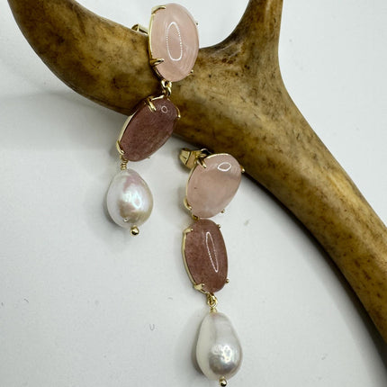 Vintage Pink Cherry Quartz Earrings - Golden 925 Sterling Silver