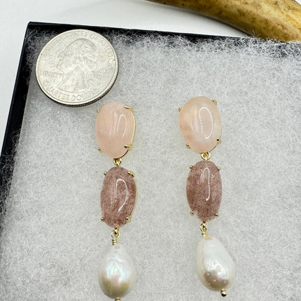 Vintage Pink Cherry Quartz Earrings - Golden 925 Sterling Silver