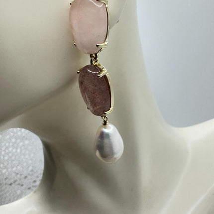 Vintage Pink Cherry Quartz Earrings - Golden 925 Sterling Silver