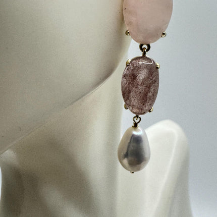 Vintage Pink Cherry Quartz Earrings - Golden 925 Sterling Silver