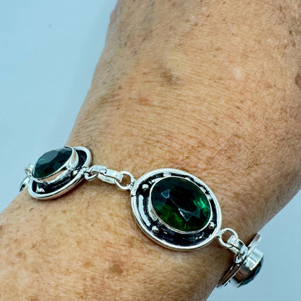 Vintage Green Glass Silver Toggle Bracelet Silver Bronze