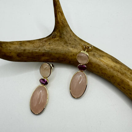 Vintage Pink Rose Quartz Earrings - Golden 925 Sterling Silver
