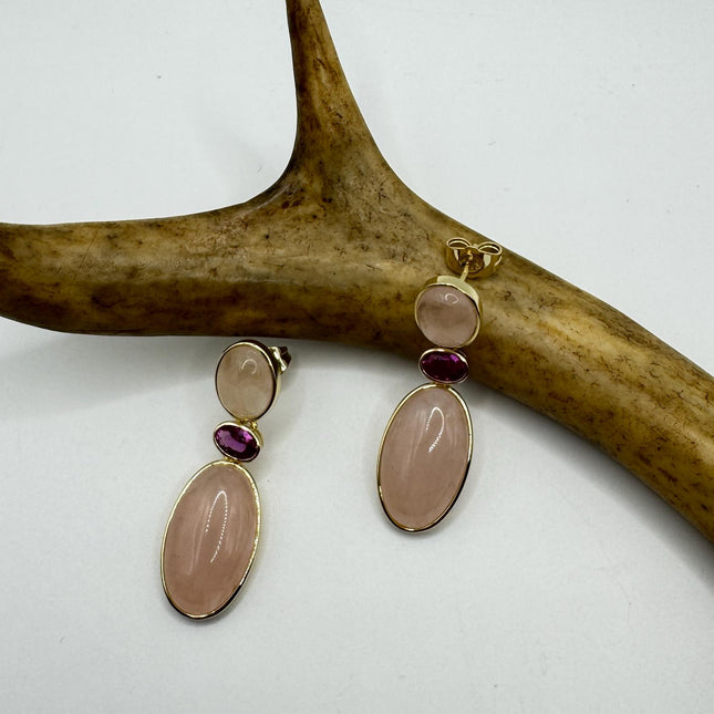 Vintage Pink Rose Quartz Earrings - Golden 925 Sterling Silver
