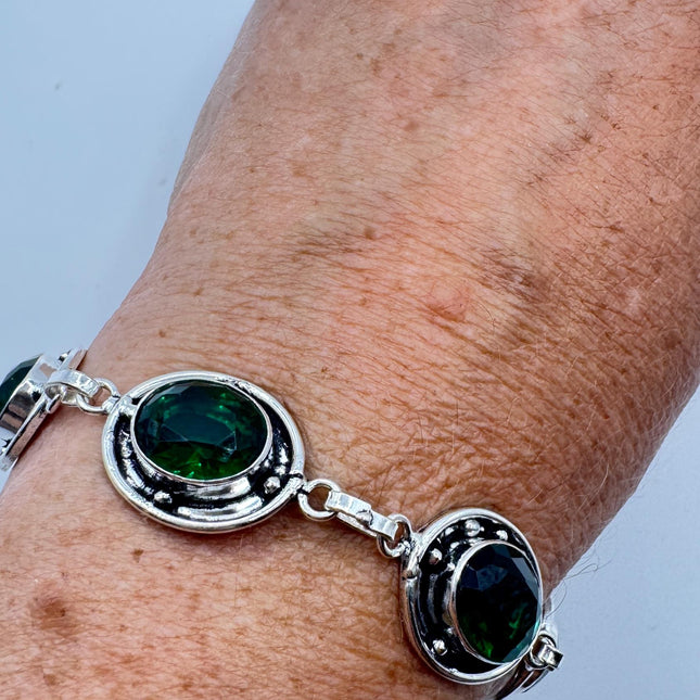 Vintage Green Glass Silver Toggle Bracelet Silver Bronze