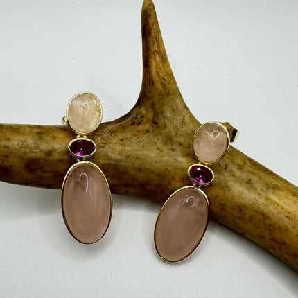 Vintage Pink Rose Quartz Earrings - Golden 925 Sterling Silver