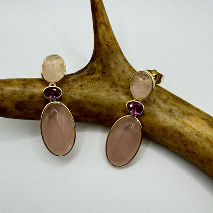 Vintage Pink Rose Quartz Earrings - Golden 925 Sterling Silver