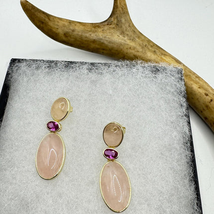 Vintage Pink Rose Quartz Earrings - Golden 925 Sterling Silver