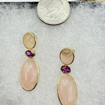 Vintage Pink Rose Quartz Earrings - Golden 925 Sterling Silver