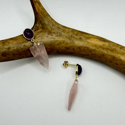 Vintage Pink Rose Quartz Earrings - Golden 925 Sterling Silver