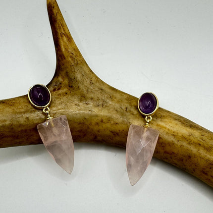 Vintage Pink Rose Quartz Earrings - Golden 925 Sterling Silver