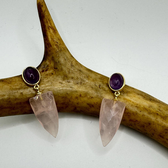 Vintage Pink Rose Quartz Earrings - Golden 925 Sterling Silver