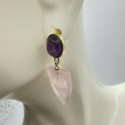 Vintage Pink Rose Quartz Earrings - Golden 925 Sterling Silver