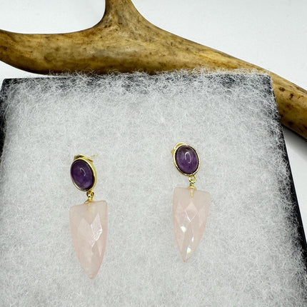 Vintage Pink Rose Quartz Earrings - Golden 925 Sterling Silver