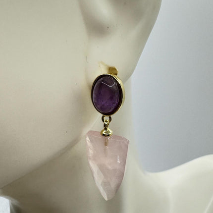 Vintage Pink Rose Quartz Earrings - Golden 925 Sterling Silver