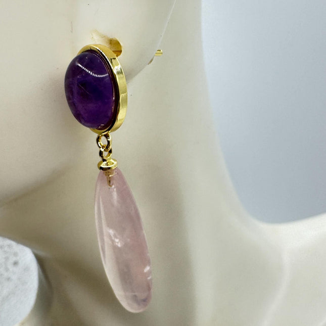Vintage Pink Rose Quartz Earrings - Golden 925 Sterling Silver
