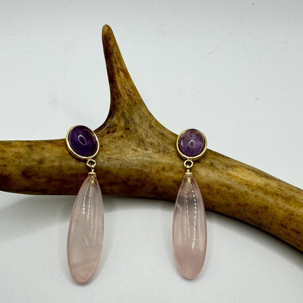 Vintage Pink Rose Quartz Earrings - Golden 925 Sterling Silver