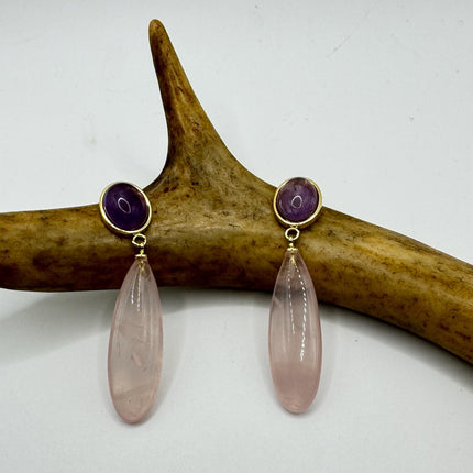 Vintage Pink Rose Quartz Earrings - Golden 925 Sterling Silver