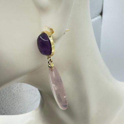 Vintage Pink Rose Quartz Earrings - Golden 925 Sterling Silver