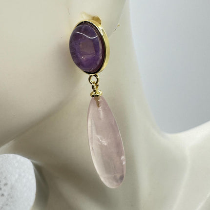 Vintage Pink Rose Quartz Earrings - Golden 925 Sterling Silver
