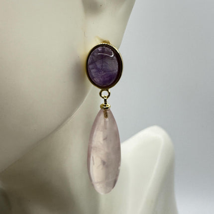 Vintage Pink Rose Quartz Earrings - Golden 925 Sterling Silver