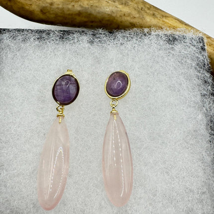 Vintage Pink Rose Quartz Earrings - Golden 925 Sterling Silver