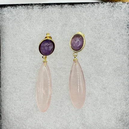 Vintage Pink Rose Quartz Earrings - Golden 925 Sterling Silver