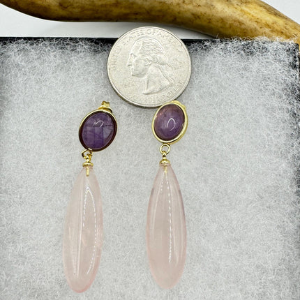 Vintage Pink Rose Quartz Earrings - Golden 925 Sterling Silver