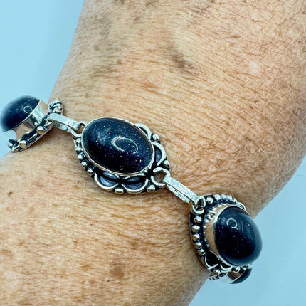 Vintage Black Sandstone Toggle Bracelet Silver Bronze
