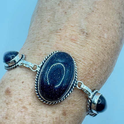 Vintage Black Sandstone Toggle Bracelet Silver Bronze