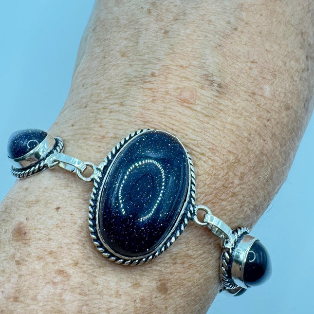 Vintage Black Sandstone Toggle Bracelet Silver Bronze